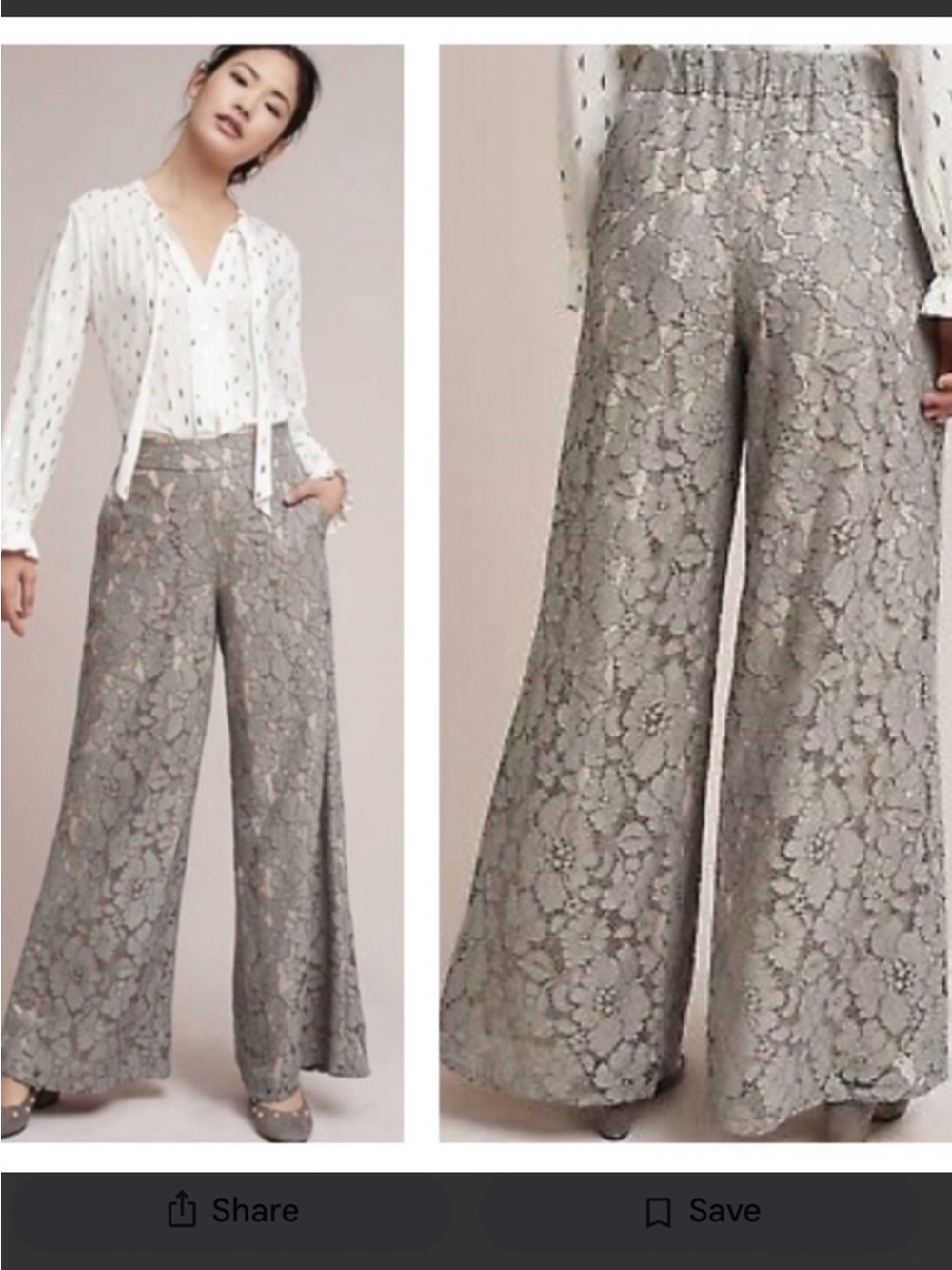 PANTS - Anthropologie Feather Bone Sage/Cream Lace Wide-Leg  Size XS